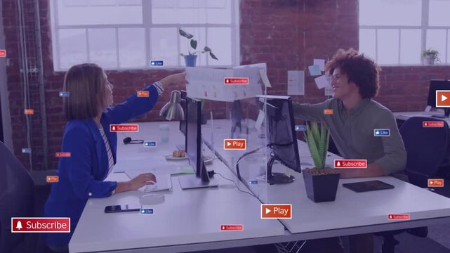 Handing woman in blue blazer holding printed sheet across clear divider at desk, labels appearing