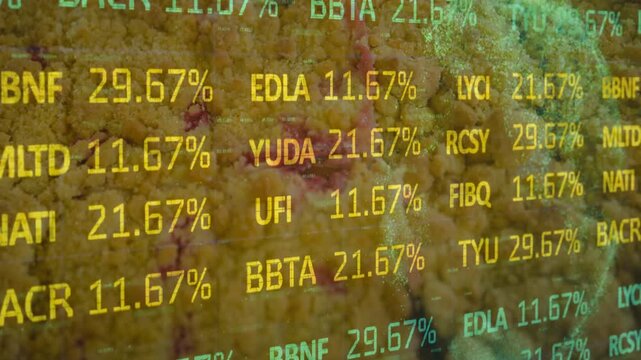 Ticker grid updating via live finance feed over grainy yellow substrate tracking percentage shifts