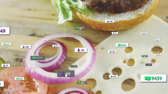 Vertical video: Burger reacting to cursor hovering, badges rising over onion and tomato for food ad