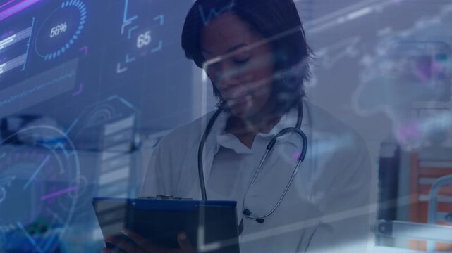 Holographic dashboard appearing, doctor viewing tablet, tapping gauges, smiling while checking data