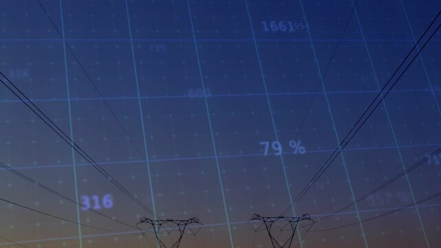 Camera shifting down, towers emerging, grid showing changing digits, % data tracking power flow