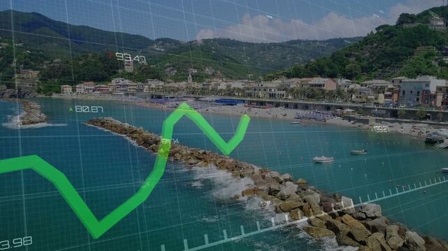 Rock jetty anchoring bay, data overlay appearing, drawing green graph across shoreline for tech