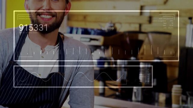 Barista at coffee counter HUD popping on torso updating numbers uncrossing smiling showing metrics