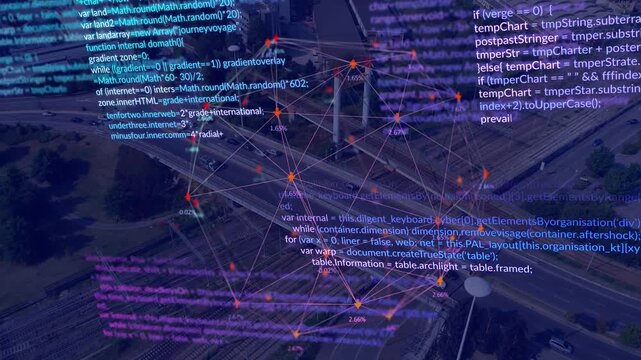 Data feed driving network graph pulsing linking updating percent with blue purple code for traffic