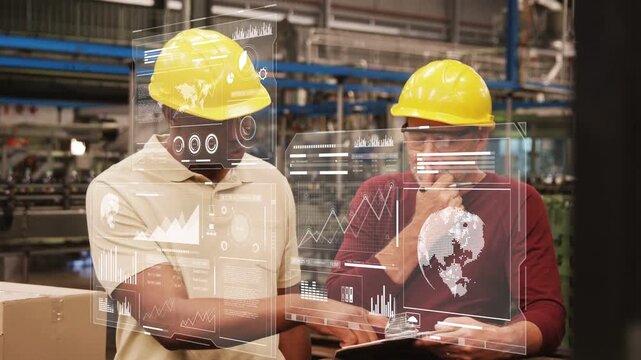 Tech tapping tablet and pointing, activating AR charts, globe, guiding lead assessing manufacturing