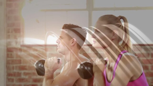Partner joining, duo holding kettlebells doing mirrored squats for fitness as animated wave sweeps