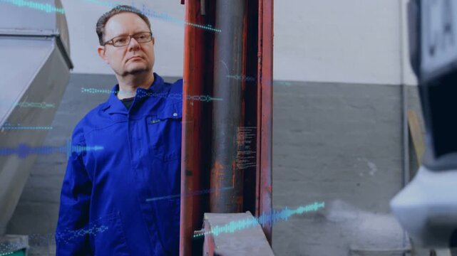 Technician shifting gaze by red column, initiating blue overlays and inspecting vehicle diagnostics