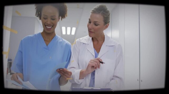 Nurse and doctor walking ward, reading charts and opening blue folder, yellow overlay crossing docs