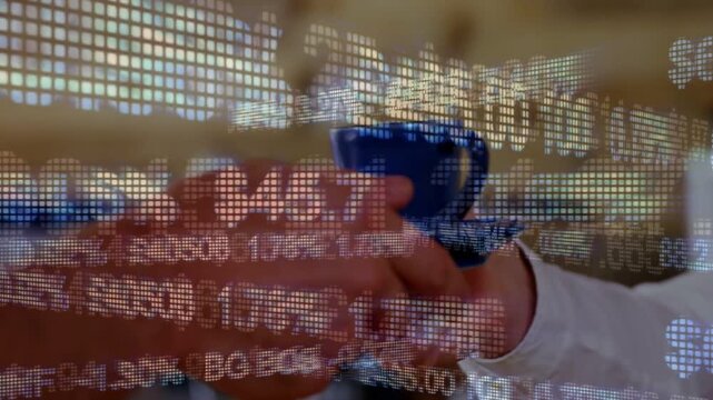 Server extending blue cup for business meeting, recipient receiving while finance ticker overlaying