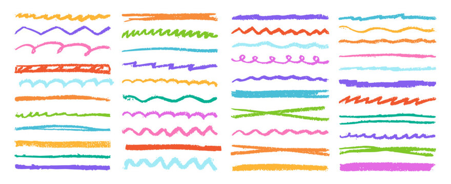 Chalk and crayon highlight set with hand drawn scribbles, zigzags, underlines brush strokes. Rough doodle lines, charcoal marks and sketch textures create playful emphasis elements note handwritten
