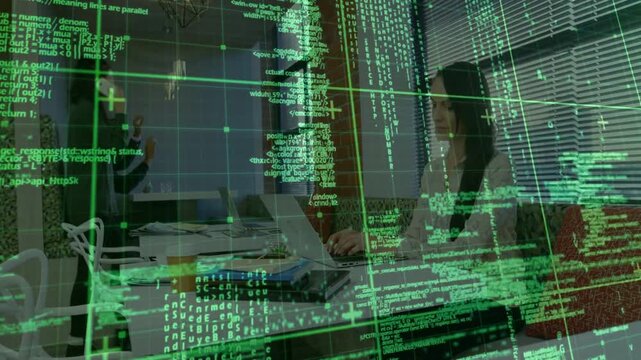 Seated woman typing laptop in tech meeting causing green data grid shifting as team analyzing data