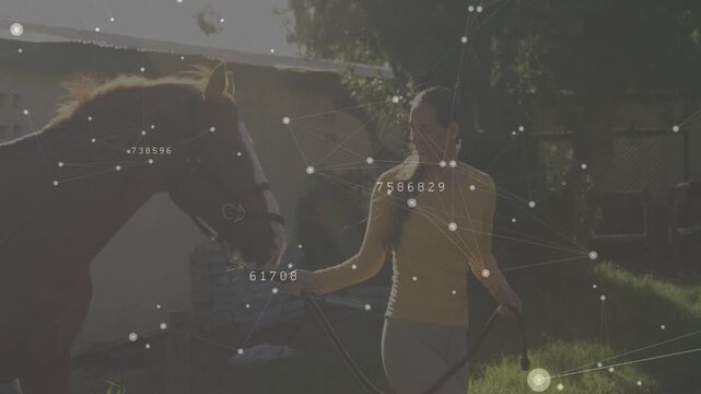 Female handler offering hand, leading horse along barn path, overlay mapping nodes for equine care