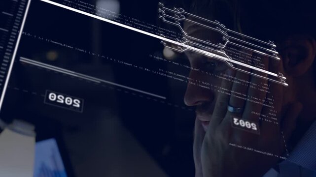 Tech analyst reacting to timeline scroll, leaning on laptop, rubbing temple, HUD charts calming