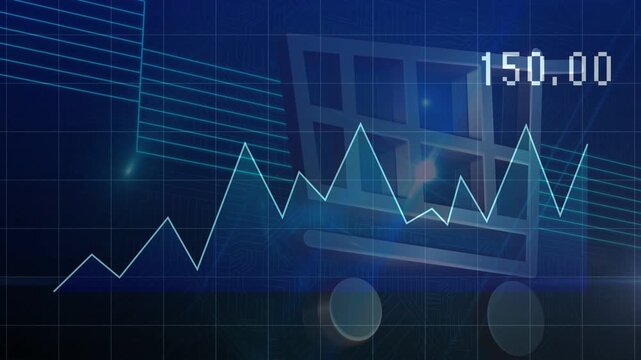 Zigzag chart drawing toward cart icon as numeric readout rises, showing e-commerce trends