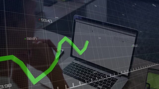 Woman reviewing laptop while finance green line chart animating from left edge for trend analysis