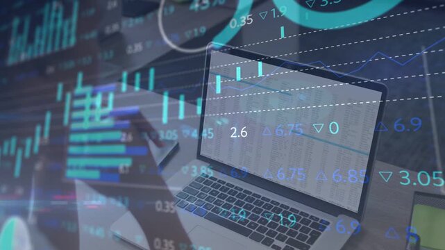 Woman typing on laptop at desk, analyzing market data, causing candles, charts and numbers growing