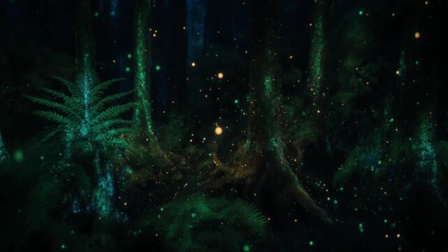 一人称視点・発光する森の夜歩き・浮遊する胞子と光るシダ