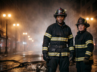 Naklejka premium Diverse team of firefighters standing in a smoky city street at night. Male and female first responders in uniform with fire hose. International Firefighters Day concept