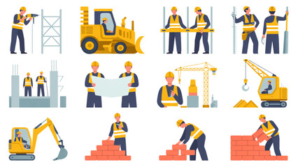 Fototapeta premium Construction crew collaborating on a building project with heavy machinery and tools