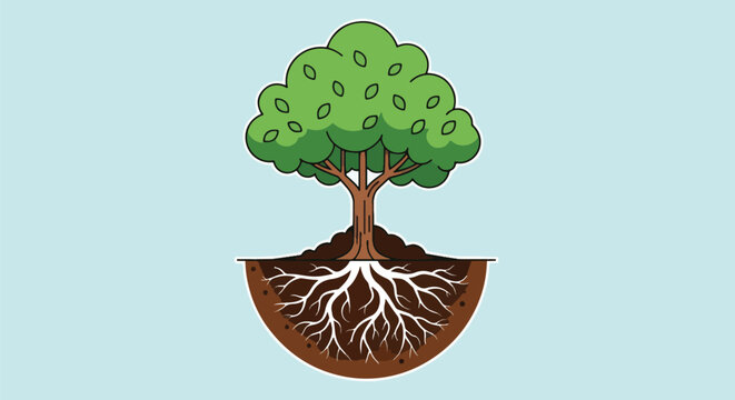 Pixel Art Green Tree With Deep Roots In Brown Soil On Light Blue Background Isolated Object