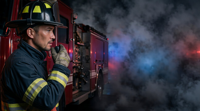 Male firefighter speaking on radio in front of fire engine. First responder communicating during night emergency with smoke and flashing lights. International Firefighters Day
