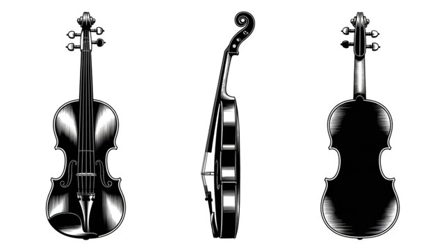 Three classic string musical instruments in black and white silhouette style