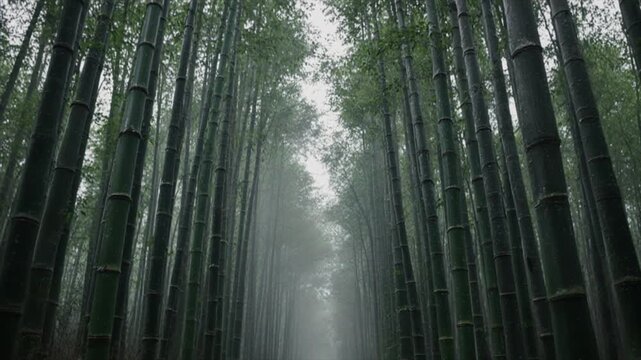 雨の竹林・静かな雨粒が滴る幻想的な朝の竹藪風景