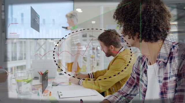 Curly scribe writing pink-pen, host pointing at screen causing business HUD between team for review