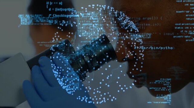 Female scientist peering into microscope, adjusting focus and creating data sphere in lab analysis