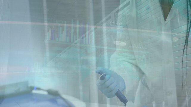 Vertical video: Lab tech bringing pipette and pipetting, cyan overlay tracking transfer for samples