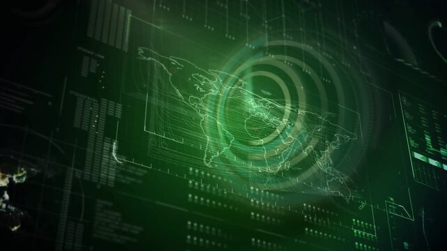 Central holo map pulsing and rotating, rings starting scan, easing into steady tech monitoring