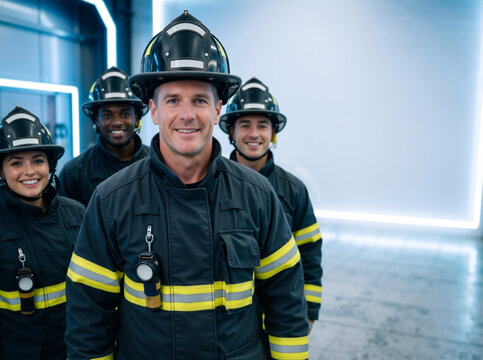 Group of diverse firefighters smiling in a modern fire station. Professional team of first responders in uniform and helmets. International Firefighters Day concept
