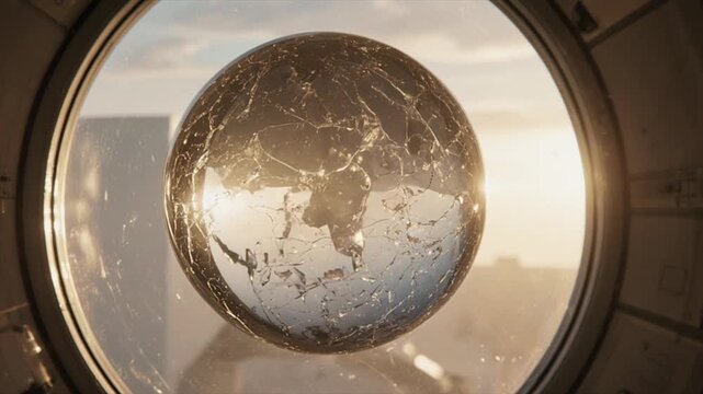 黄金の光に輝く宇宙水球 舷窓から差し込む暖かい朝日
