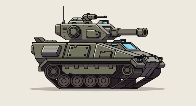 Pixel Art Military Tank Isolated Object On Light Beige Background