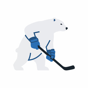 A vector illustration of a polar bear playing ice hockey outdoors