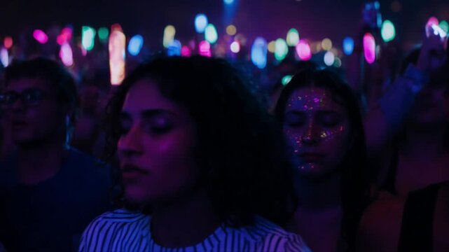 夏フェス・ネオンライトに照らされた恍惚の表情クローズアップ映像