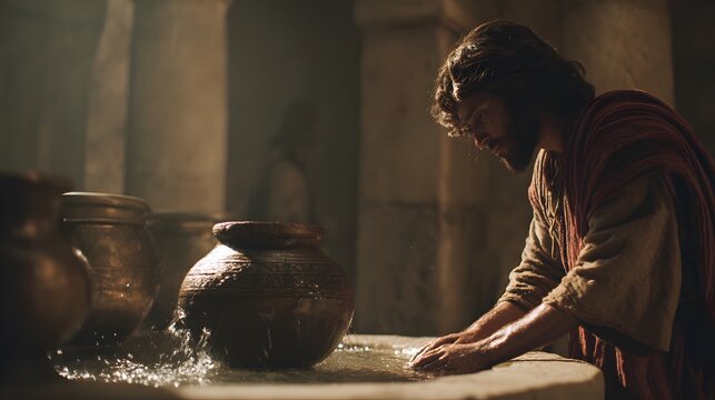 Jesus restoring equilibrium between natural forces through presence alone + water movement settling into balanced rhythm around the vessel + soft balanced light across the entire scene + wide shot wit