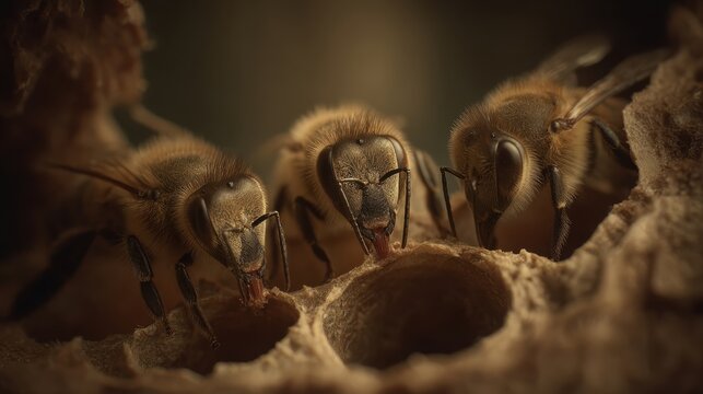 Worker Bees Feeding Larvae Inside Open Honeycomb Cells Extreme Close-up