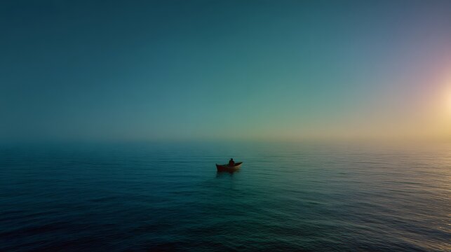 Jesus in a boat as the horizon line dissolves completely leaving no boundary between sea and sky + disciples experiencing spatial ambiguity around them + soft blended lighting merging all planes + med