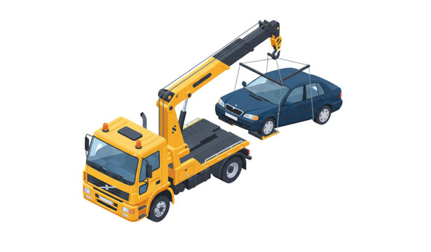 Tow truck with crane recovering broken car isometric vector illustration isolated on white background roadside assistance concept