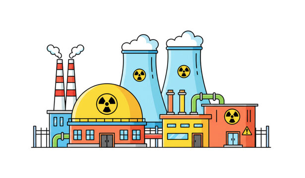 Colorful cartoon nuclear power station vector isolated on white background for education and energy awareness design
