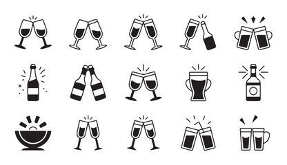 Alcohol drinks toast icons featuring beer mugs wine glasses and bottle clinking vector set. © MDABDUR