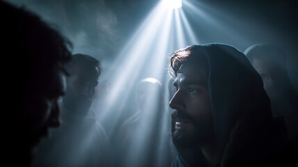 Jesus as the origin point of illumination from within the scene rather than above + surrounding storm dimming as inner light expands outward + disciples gradually revealed through soft glow + centered