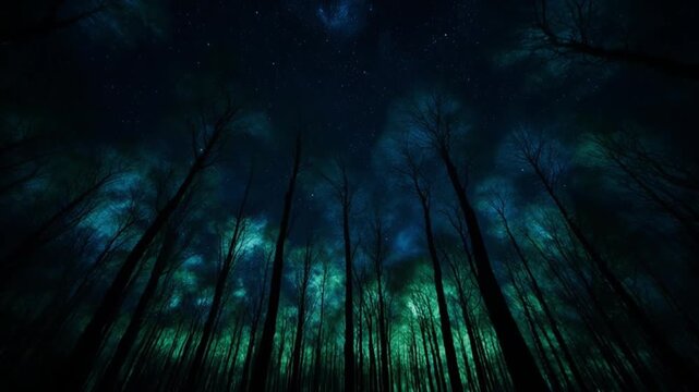 空撮・夜の発光する森の全景・星空と生物発光の幻想風景