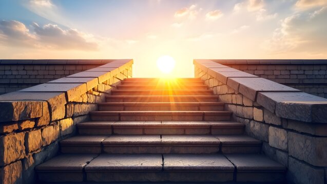 Sunlit stone staircase leading toward a bright horizon, evoking a journey with atmospheric golden hour glow.