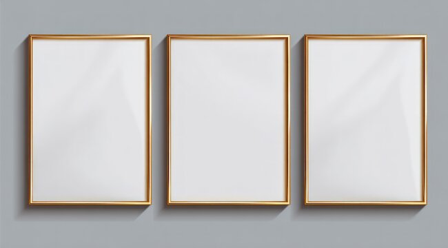 Three golden rectangular frames with blank white insides, shadows on gray