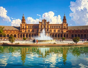 Obraz premium A large building with a fountain and pond in front of it