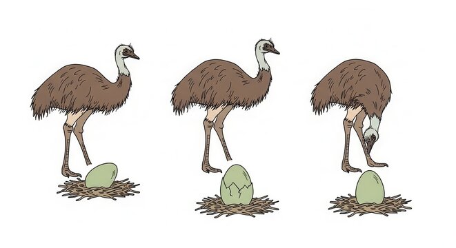 Three Emus and Eggs in Nest: Nature, Wildlife, Reproduction, Australian Birds