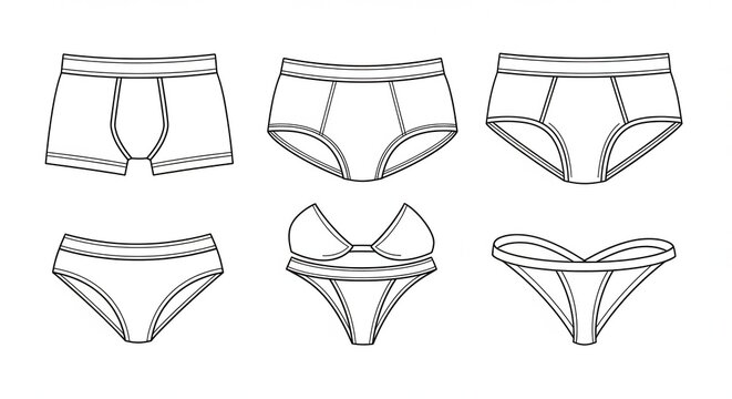 Set of Underwear Types: Boxer Briefs, Briefs, Bikini, Thong, Bra - Line Art