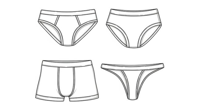 Set of Underwear Types: Briefs, Bikini, Boxer Briefs, Thong - Line Art Illustration